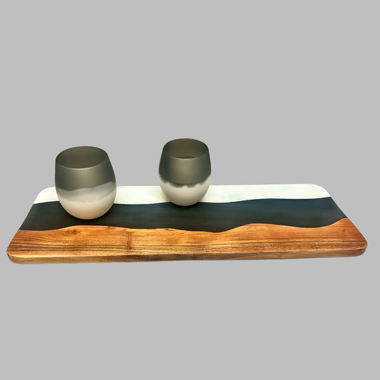 Charcoal Resin Stemless Glasses & Marble + Resin + Wood Serving Board Gift Set