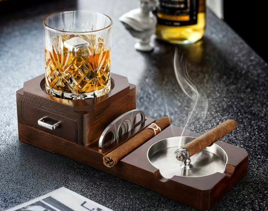 Wooden Cigar Ashtray & Glass Tray Set